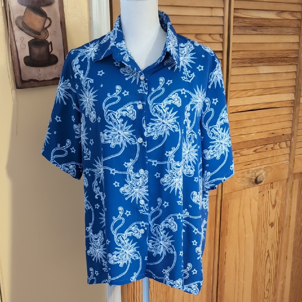 BONWORTH Women's Blue Nautical Floral Blouse XL